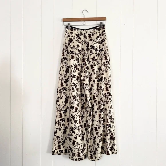 Raquel Allegra Silk Jacquard Trapeze Wide Leg Pants Cream Flower XS Size 0